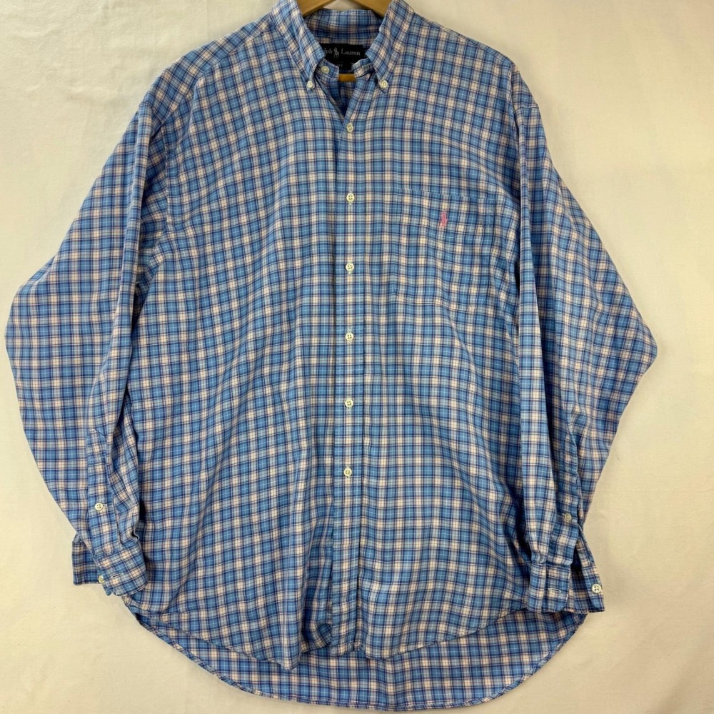Y2K Ralph Lauren Blake XL Blue‎ Plaid Button Down Pink Blue Cotton Pony - Picture 4 of 10